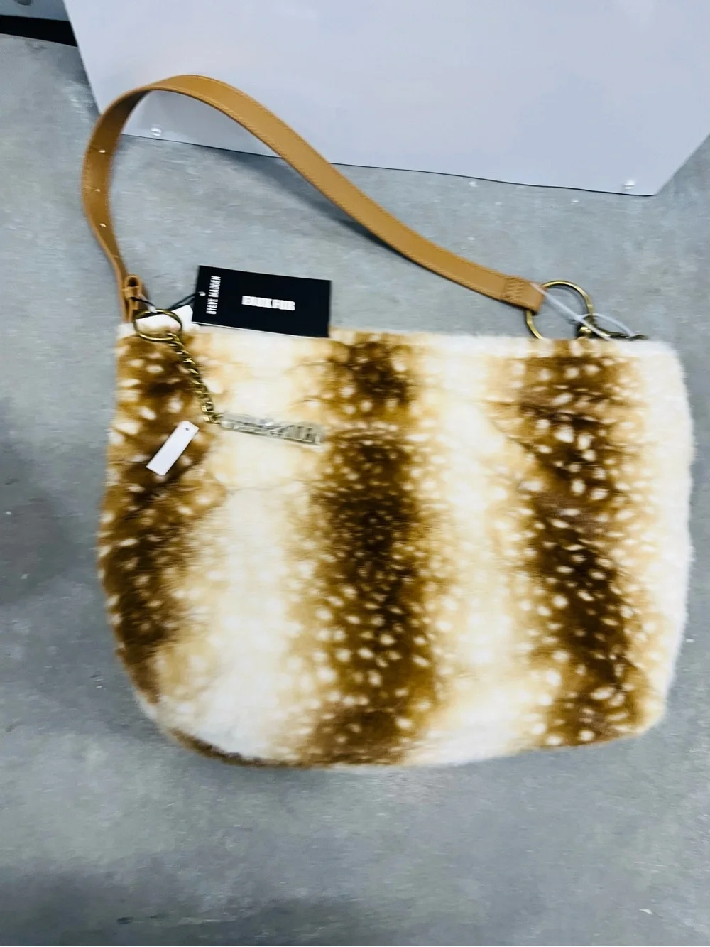 NWT viral Steve Madden Faux Fur Deer Print Hobo Bag + Matching Pouch -
